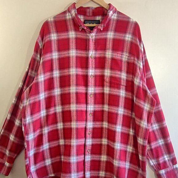 Cabelas Men's 2XL-Tall Red Plaid Flannel Shirt Button Up Long Sleeves - Picture 6 of 10